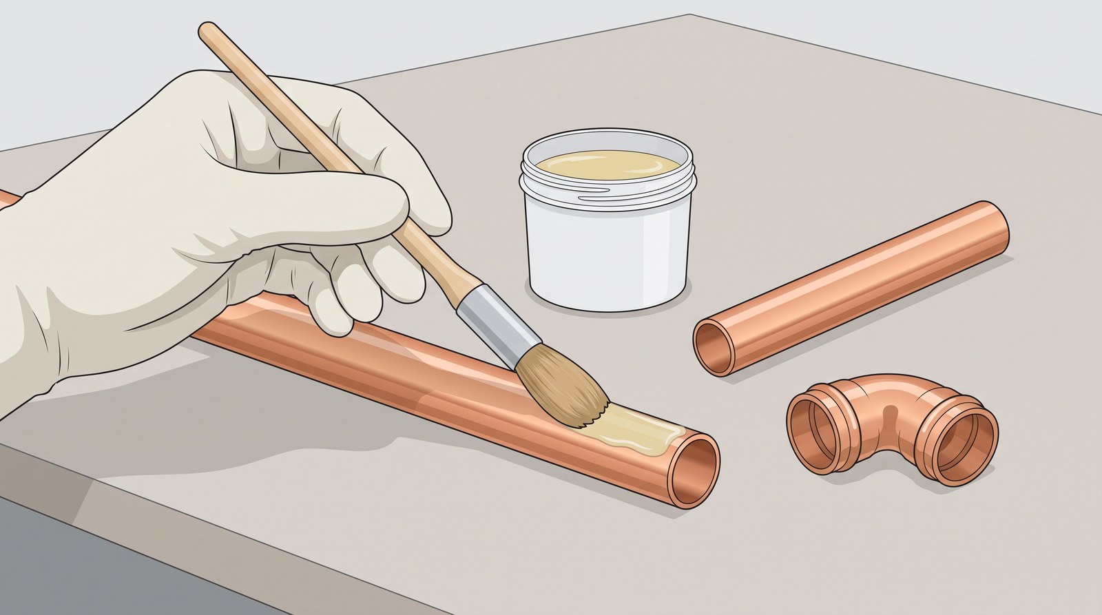 A gloved hand brushing flux onto the cleaned end of a copper pipe, with a tub of flux and a solder ring elbow on the bench