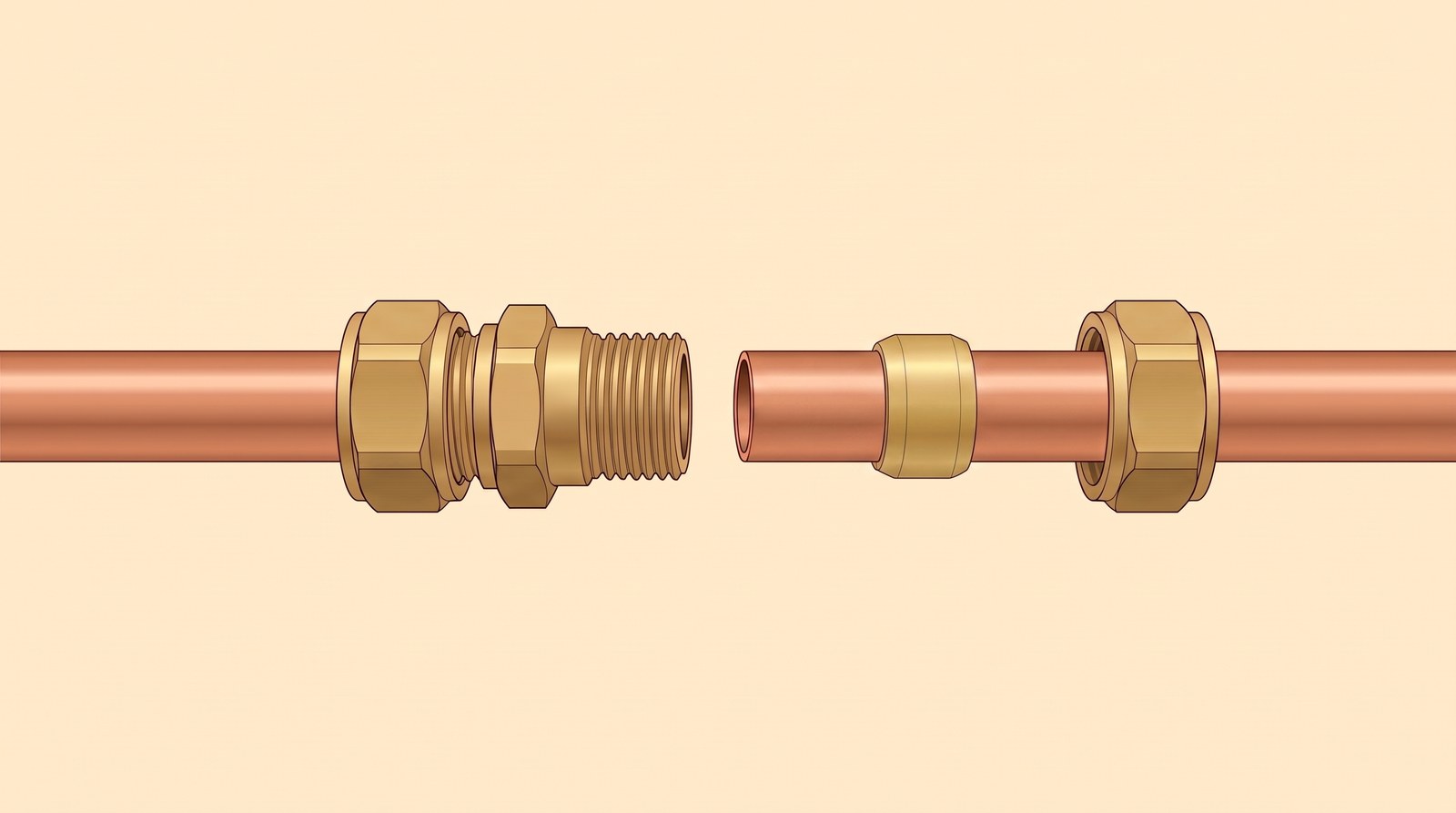 A brass compression coupling made up on one copper pipe, with the next pipe drawn back to show its olive and nut sitting on it