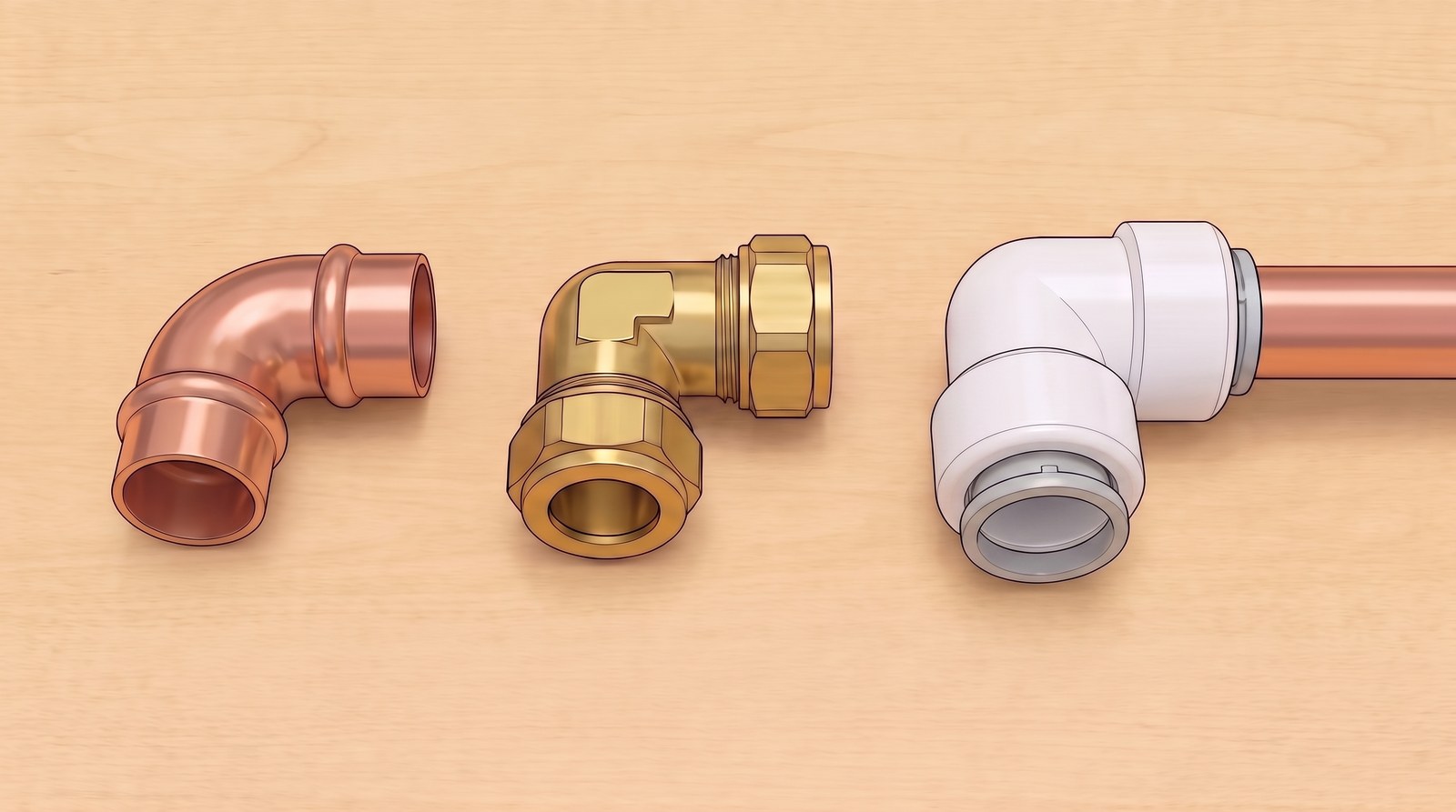 Three copper pipe elbows side by side: a chunky solder ring elbow, a brass compression elbow and a larger white push-fit elbow with a copper pipe pushed fully into it