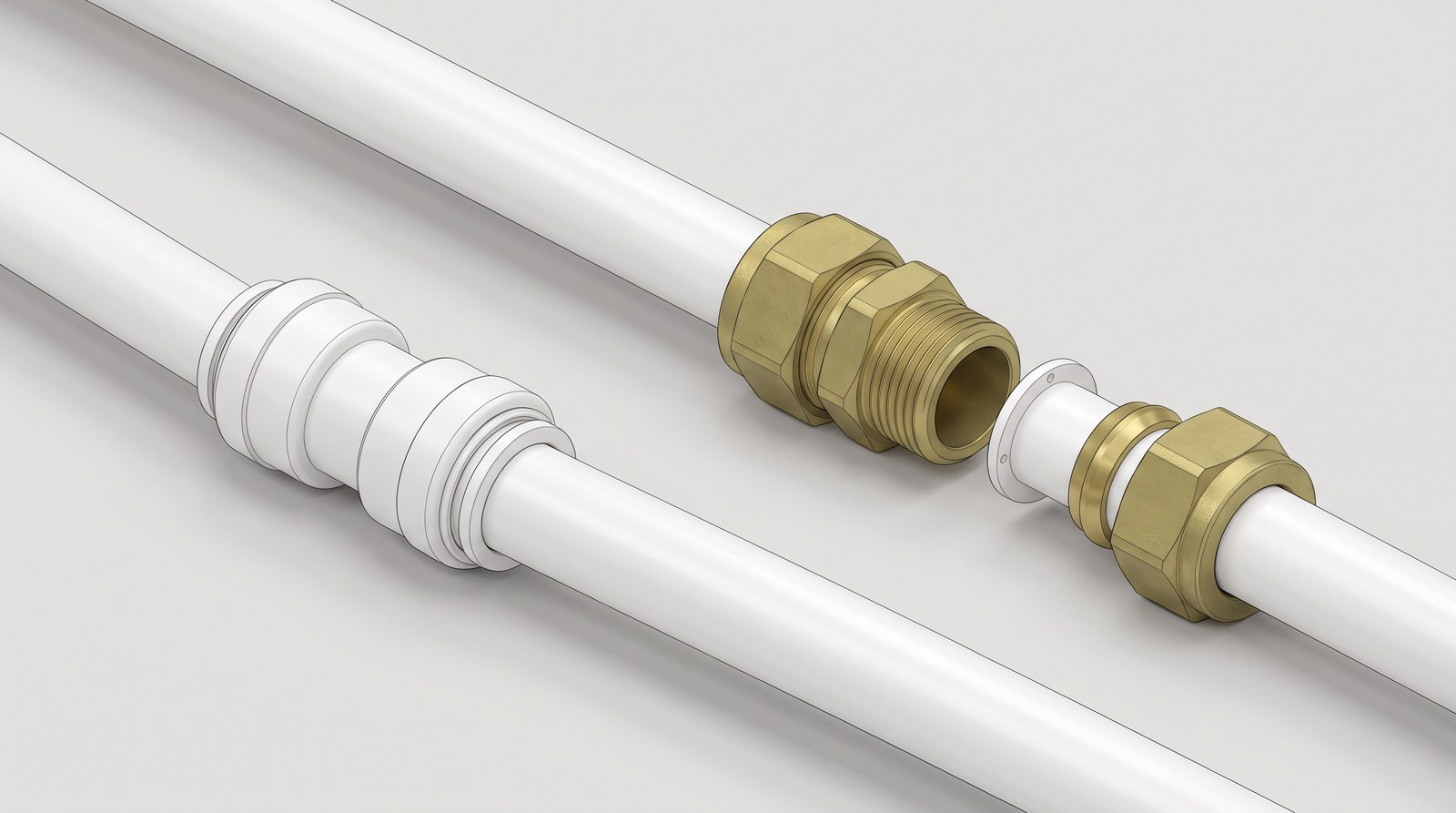 Two joints on white plastic pipe: a white push-fit coupling, and a brass compression coupling with one end open to show the pipe insert, olive and nut on the pipe