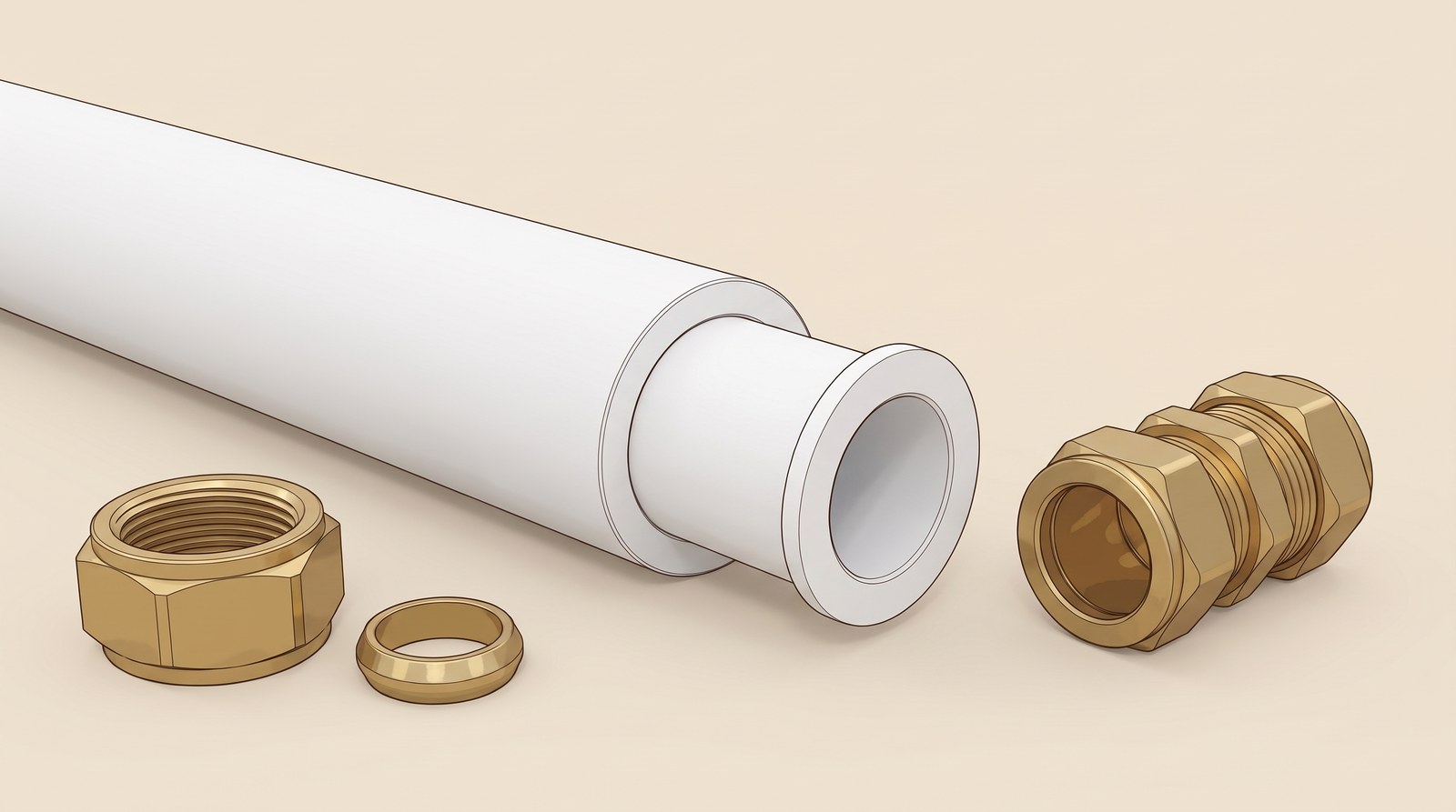 The cut end of a white plastic pipe with a white pipe insert half pushed into its bore, and a brass compression nut, olive and coupling beside it