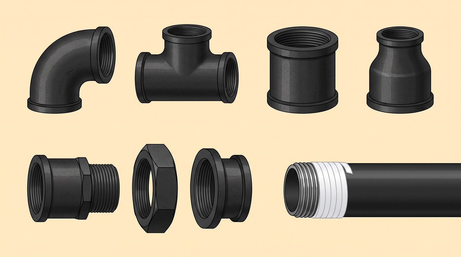 Black screwed steel fittings laid out: an elbow, a tee, a socket, a reducer, a union taken apart into its three parts, and a threaded pipe end wrapped in PTFE tape