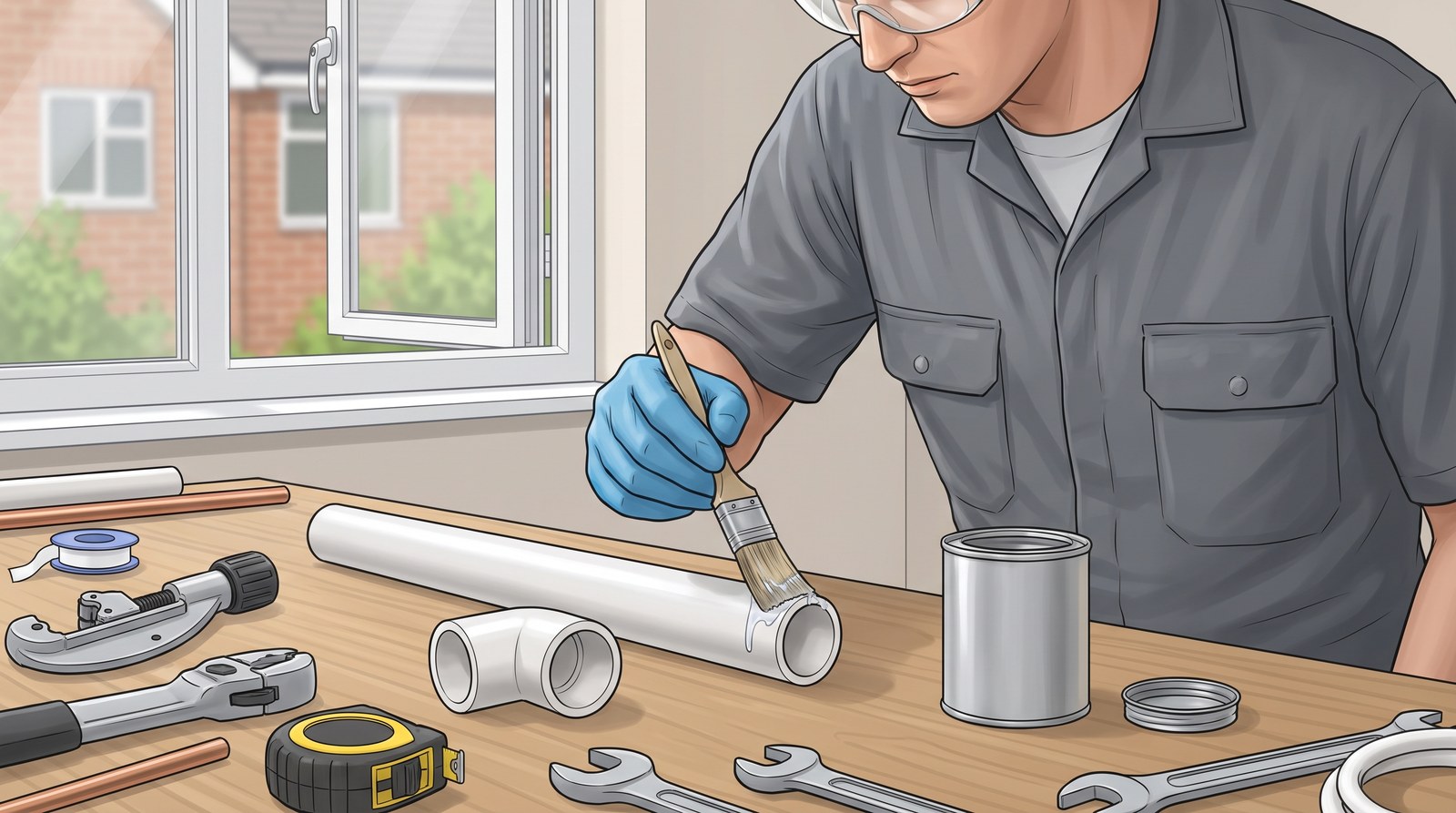 A worker in safety glasses and a blue nitrile glove brushes solvent cement onto the end of a white plastic waste pipe beside an open window, with an elbow fitting waiting on the bench