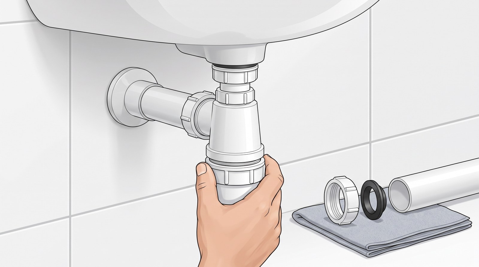 A bare hand tightening a white plastic bottle trap under a basin, with a plastic compression nut, a black rubber cone washer and a pipe end laid out on a cloth beside it