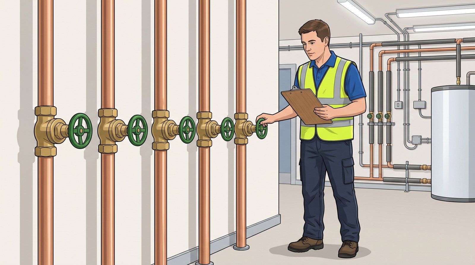A maintenance plumber in a plant room, holding a clipboard and turning the wheel handle of one of a row of five gate valves on copper pipes