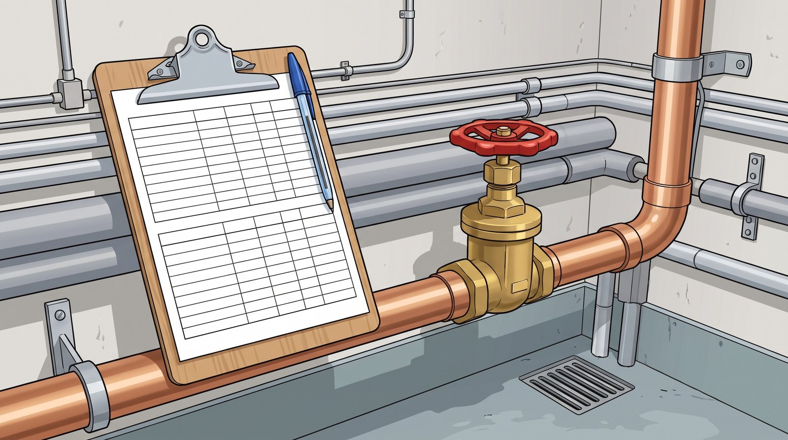 A clipboard holding a blank maintenance log grid, with a pen, resting on a copper pipe beside a brass gate valve with a red wheel handle, in a plant room