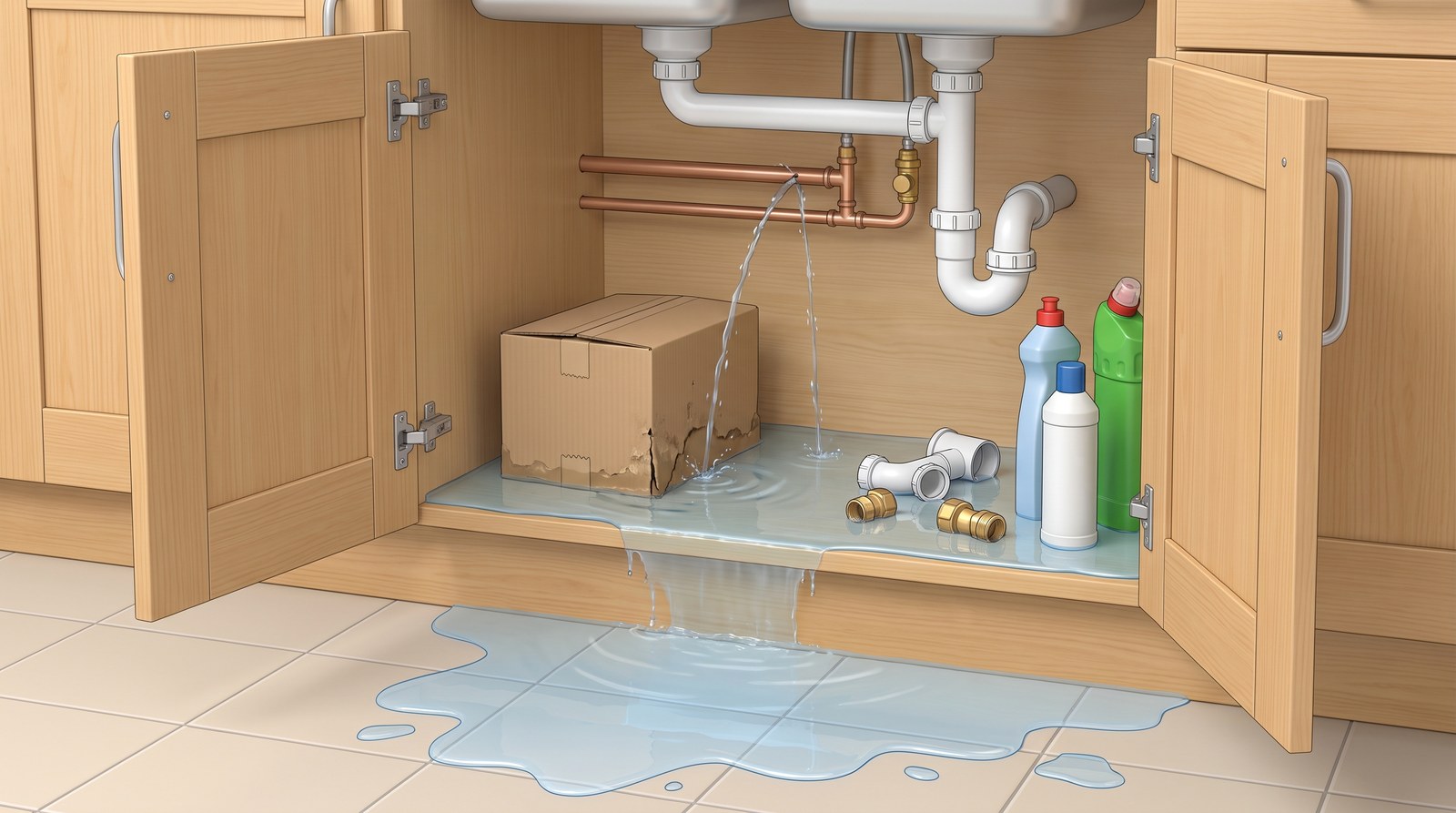 Water spraying from a split copper pipe under a kitchen sink, the cupboard floor flooded, a cardboard box soaked and water spreading out across the kitchen floor