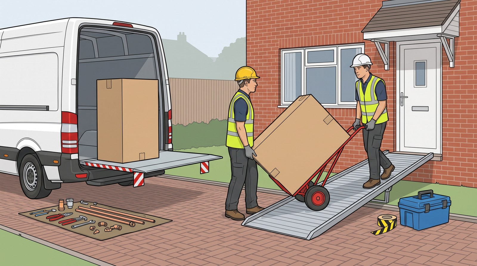 Two workers wheel a boxed boiler up a ramp to a house on a sack truck, a second boxed boiler waiting on the van tail lift