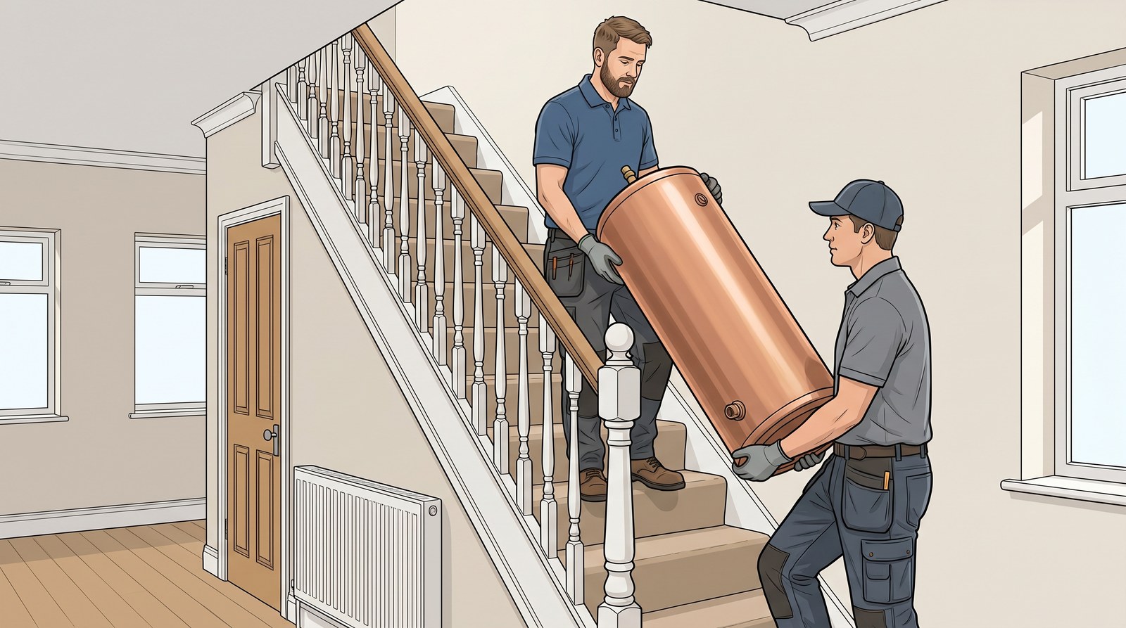 Two plumbers carry an empty copper hot water cylinder down a staircase, one at each end, wearing gloves