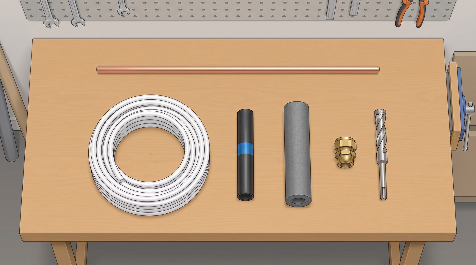 Plumbing materials laid out on a bench: copper tube, a coil of white plastic pipe, black steel tube with a blue band, grey pipe lagging, a brass fitting and a drill bit