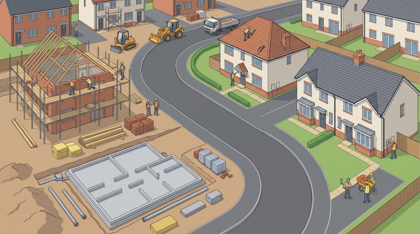 A housing estate under construction seen from above: plots at foundations, walls going up in scaffolding, roofs being framed and some houses finished