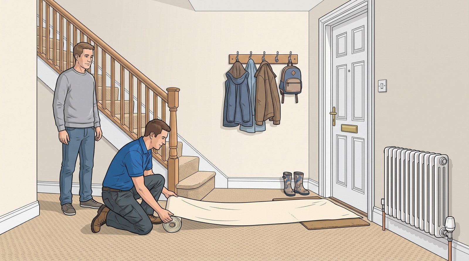 In the hallway of a family home, a plumber lays a dust sheet from the front door to the stairs while the homeowner watches, coats on the hooks and boots by the door