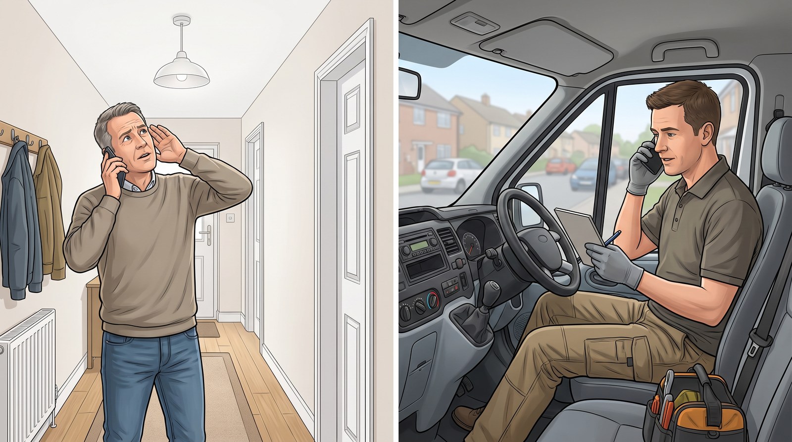 Split picture: on the left a homeowner in his hallway on the phone, cupping his ear and looking up at the ceiling; on the right a plumber sitting in his parked van, taking the call and making notes