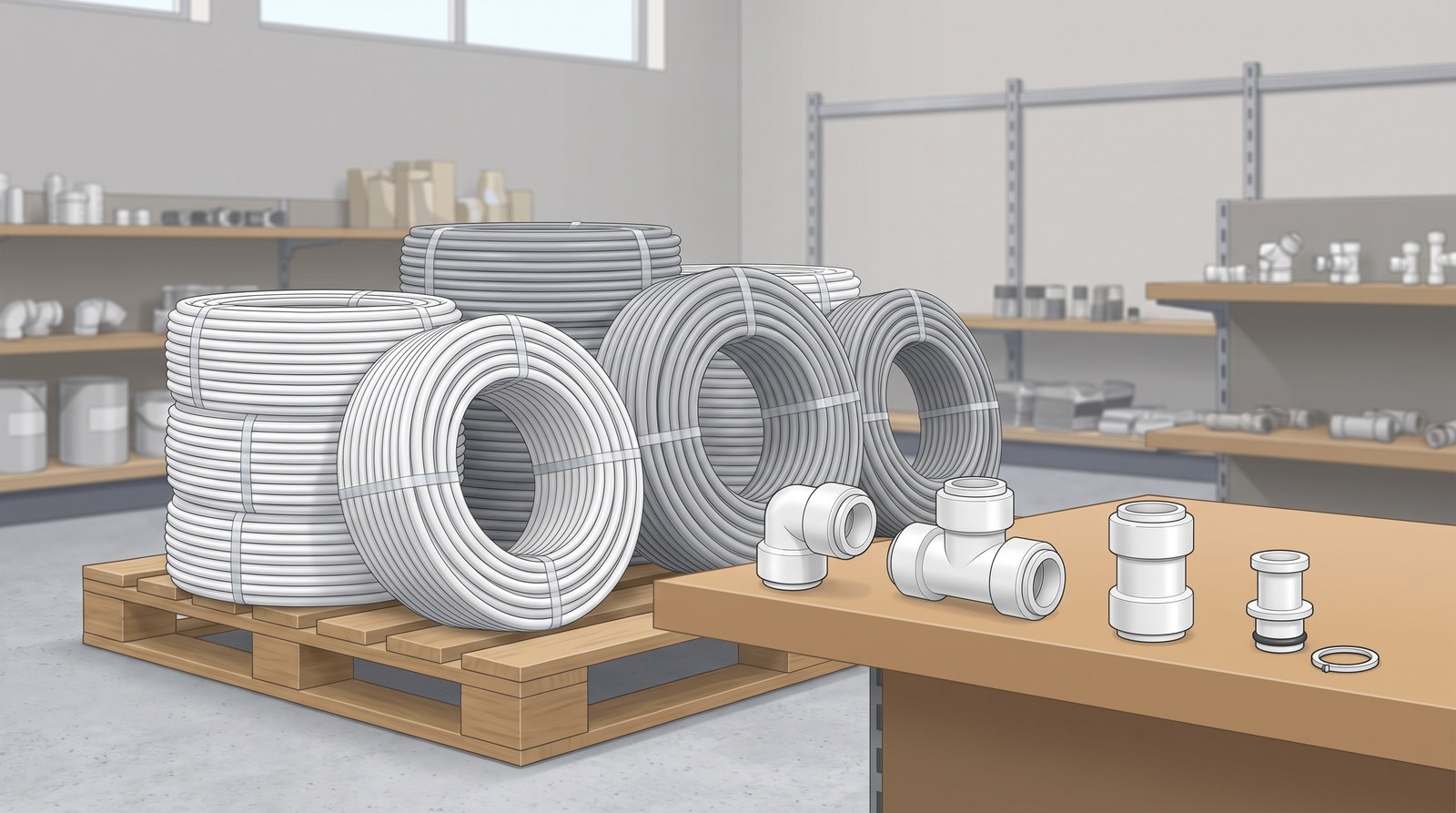 Coils of white and grey plastic pressure pipe on a pallet in a plumbers merchant, with white push-fit fittings and a pipe insert on a shelf in front