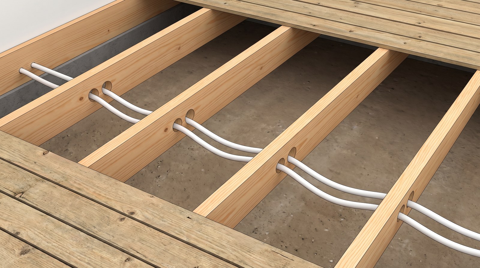 Two white plastic pipes passing through separate holes drilled in the middle of the joists under a suspended timber floor, both sagging between each pair of joists