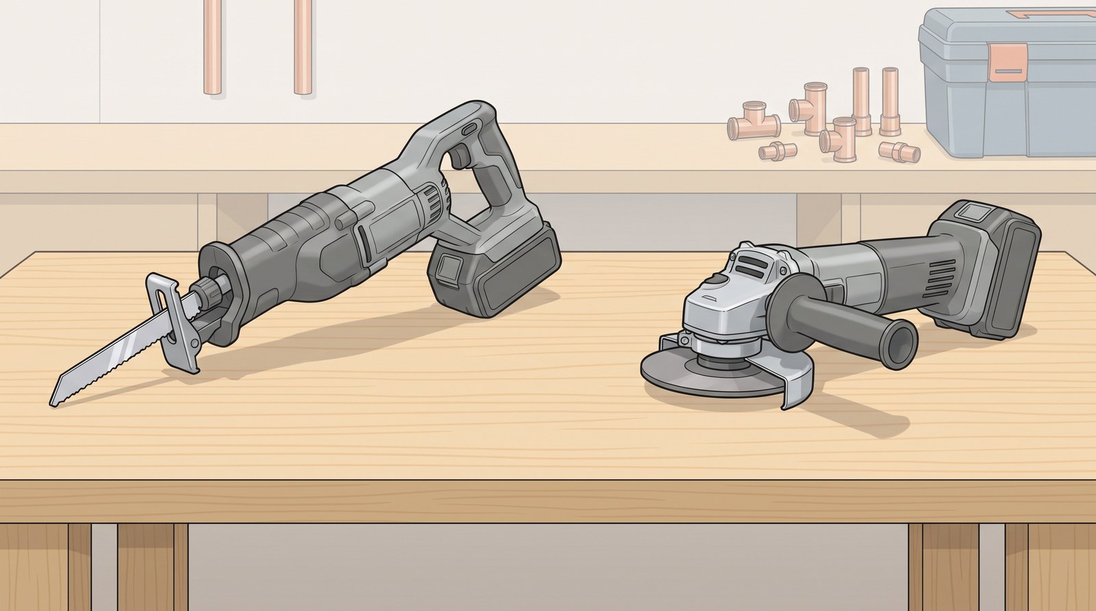 A cordless reciprocating saw with a straight blade and an angle grinder with its guard and side handle, on a workbench