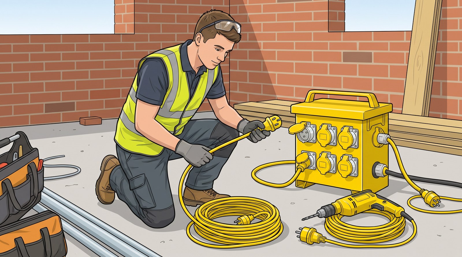 An apprentice kneels by a yellow 110 V site transformer, running a yellow extension lead through his hands to check it before plugging in, a corded drill on the floor