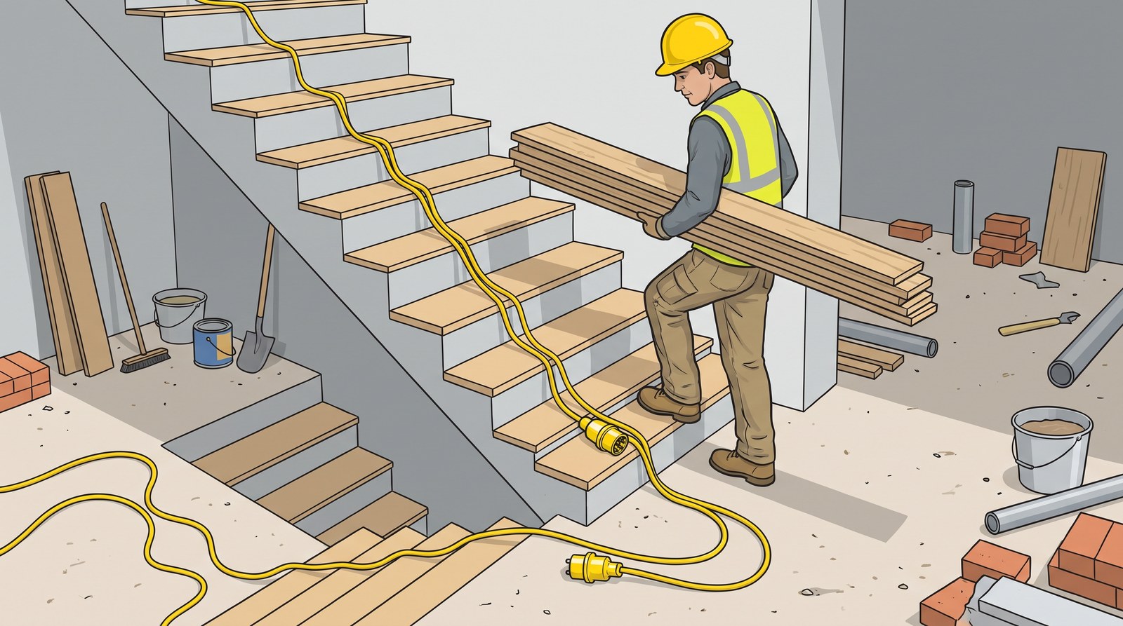 A yellow extension lead trailing up an unfinished staircase on a building site while a worker carries lengths of timber up the stairs