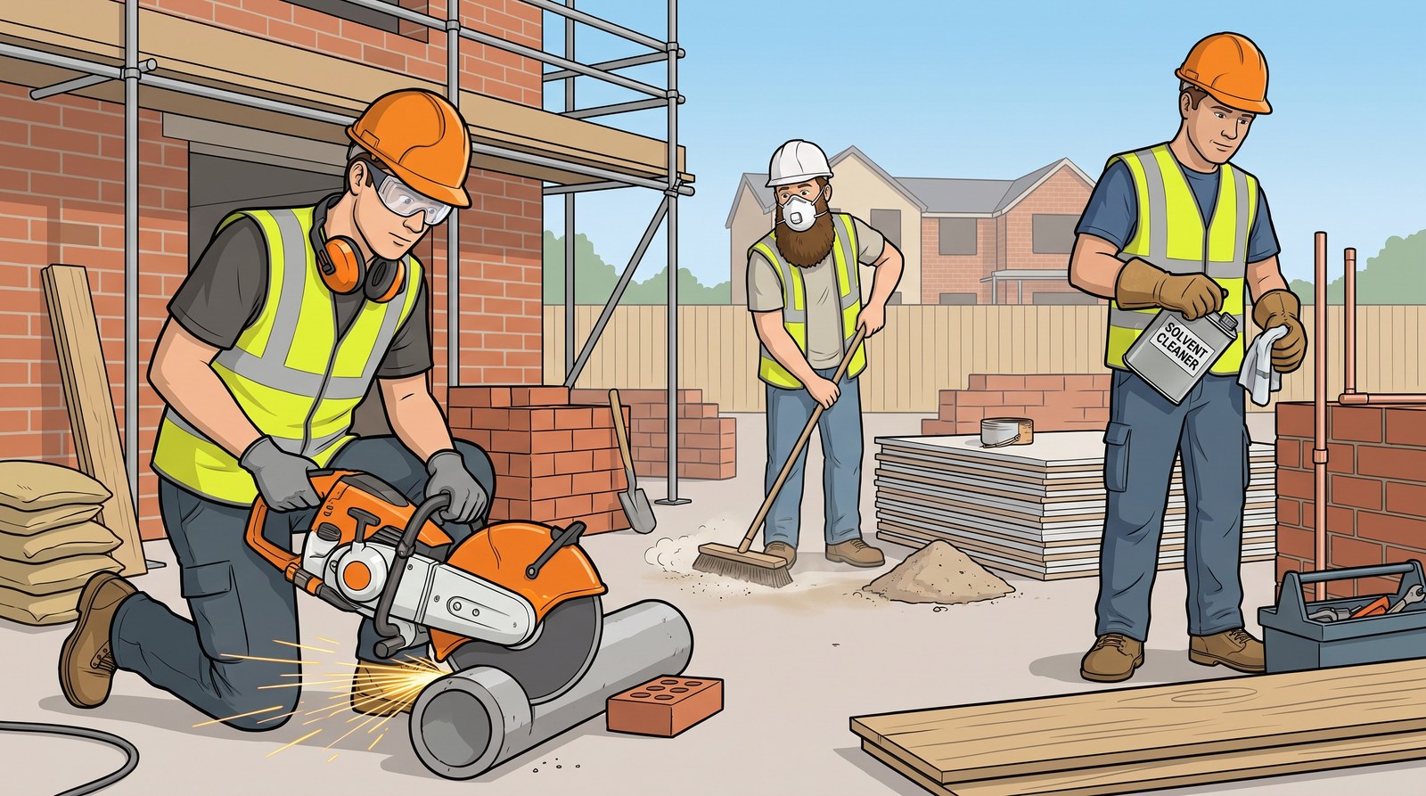 Three workers on a site: one cutting with ear defenders round his neck, one with a full beard in a disposable mask, one handling solvent in leather gloves