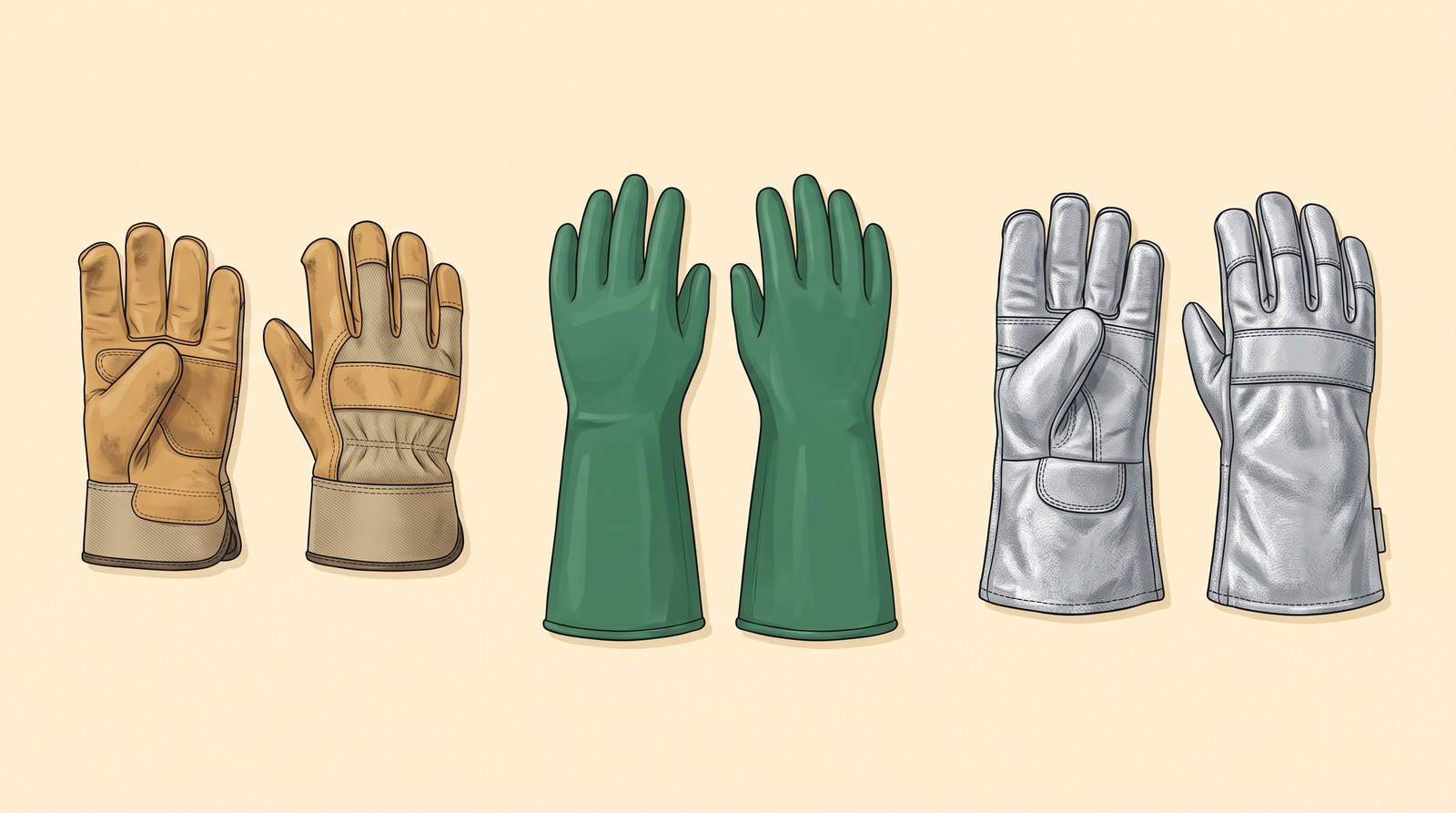 Three pairs of work gloves side by side: leather handling gloves, long green chemical-resistant gloves and silver heat-resistant gloves