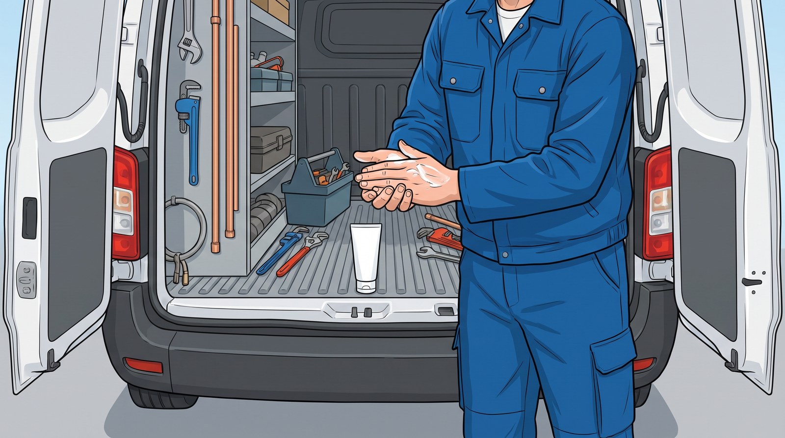 A plumber at the back of his van rubs barrier cream into his hands before work, a plain tube of cream on the van floor