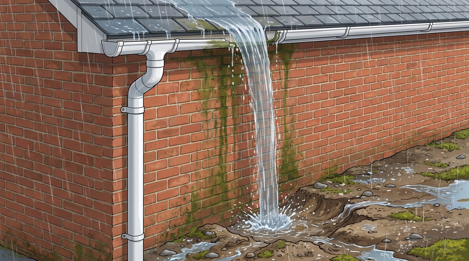 Heavy rain on a brick house where a section of gutter is missing: water pours off the roof edge down the wall, leaving green staining on the bricks and washing out a muddy hollow at the base