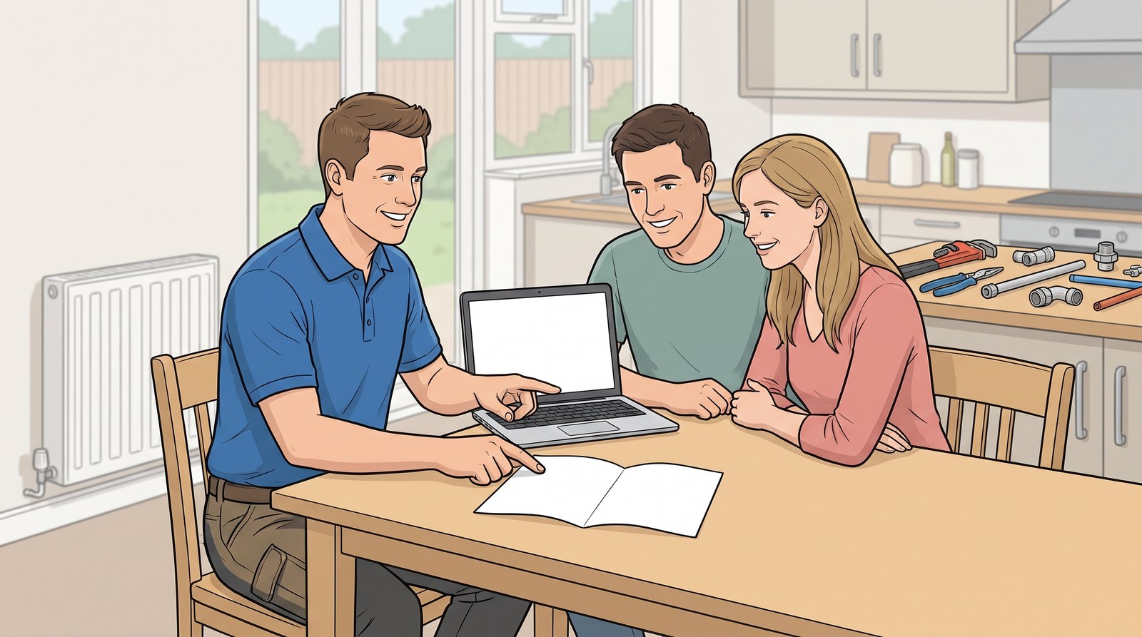 A plumber sits at a kitchen table with a couple, pointing at a laptop and a leaflet as they talk about heating grants