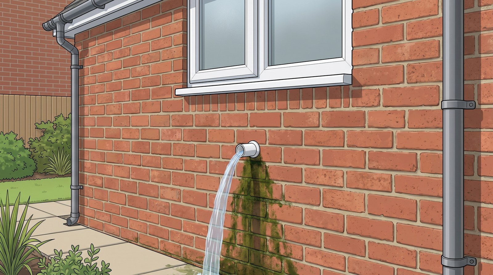 Water pouring from a white plastic overflow pipe in the outside brick wall of a house, below a window, with a green stain down the brickwork beneath it