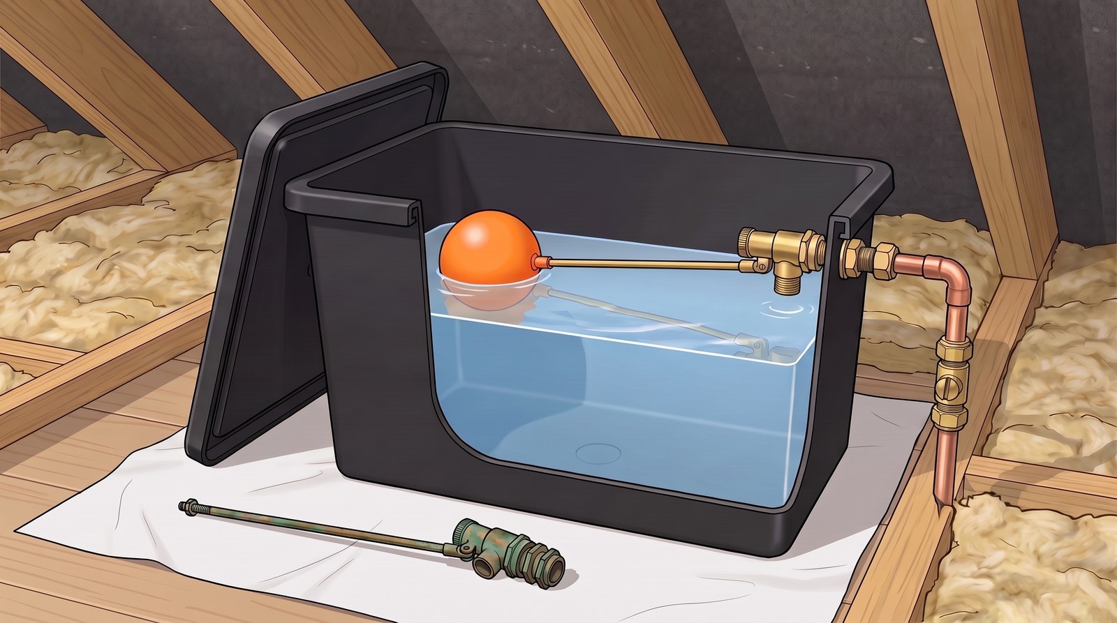 A black cold water cistern in a loft with its lid off, a new brass float operated valve fitted through its side wall and fed by a copper pipe with a servicing valve on it, its arm running out to an orange float, and the old green-stained valve lying on a dust sheet beside it