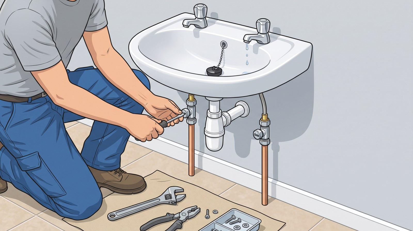 A plumber kneels on a dust sheet under a wall-hung basin, turning a screwdriver in the slot of a service valve on one of the tap supplies. The plug is in the basin and a few drips fall from the open tap