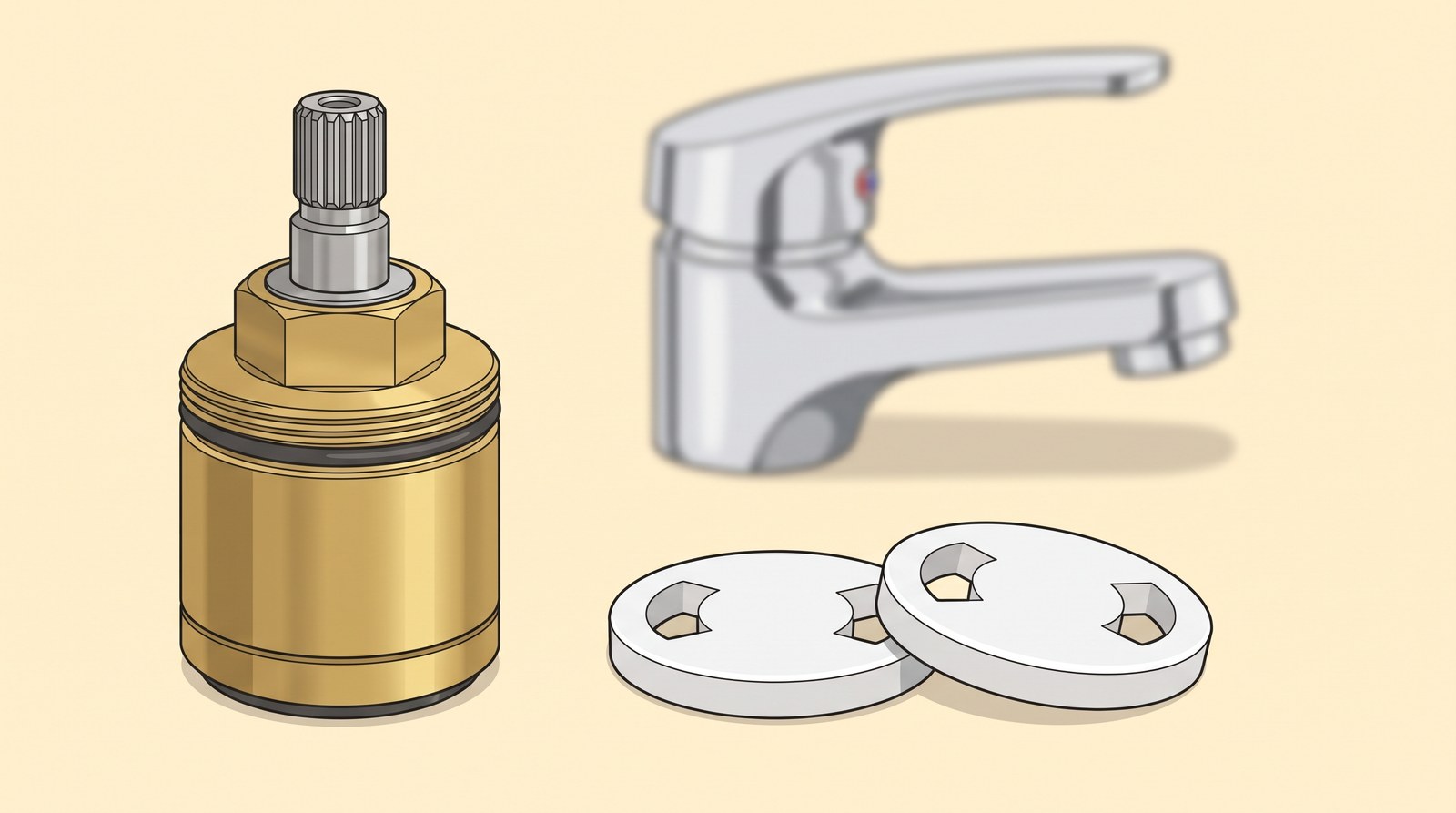 A ceramic disc tap cartridge standing upright, with two flat white ceramic discs from inside one laid beside it showing their openings, and a chrome lever tap in the background