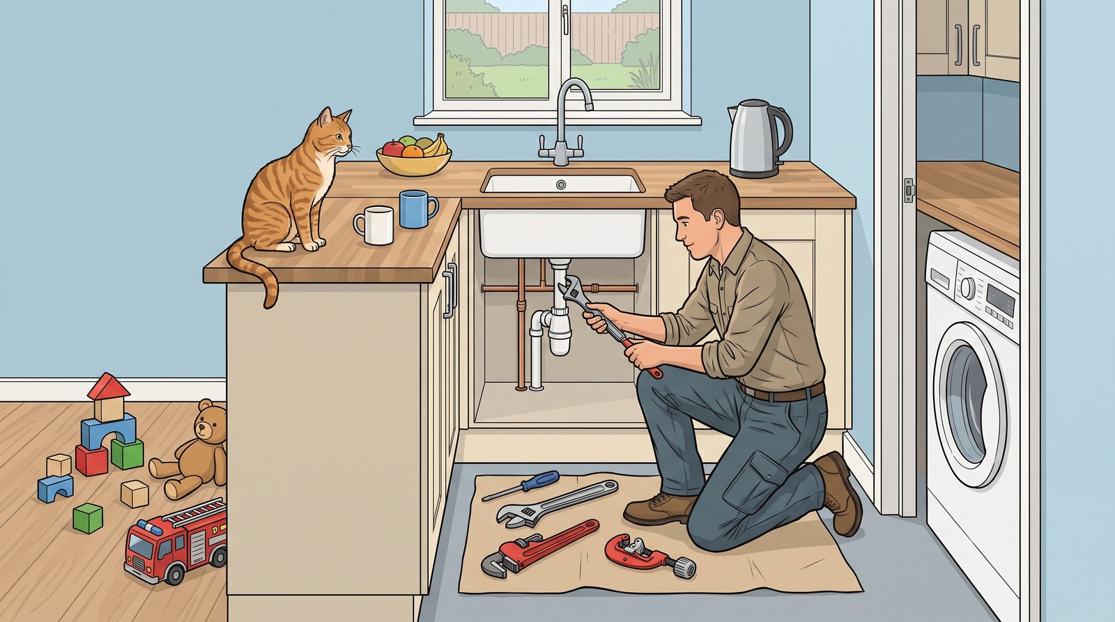 A plumber works under a kitchen sink in a family home, with children’s toys on the floor nearby and a cat watching from the worktop