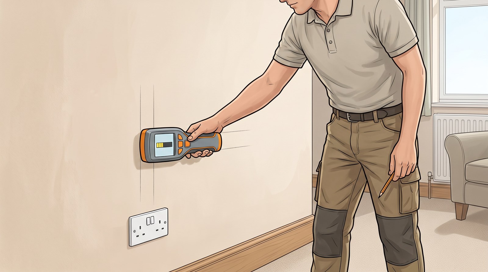A plumber sweeps a cable and pipe detector across a living room wall above a double socket, pencil lines on the wall marking what it found
