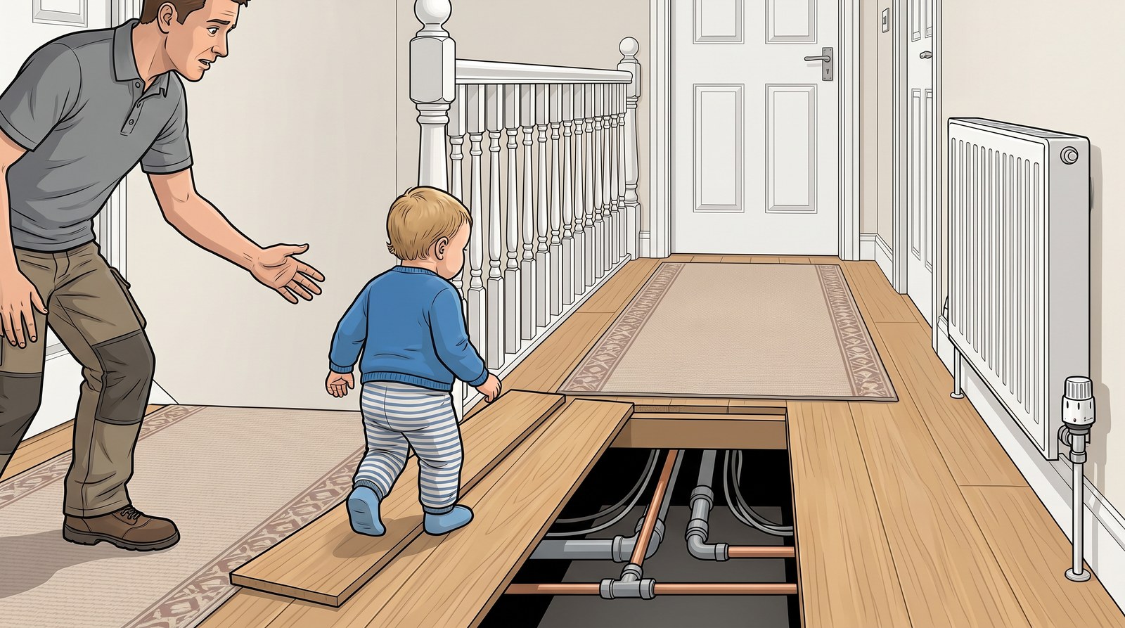 An upstairs landing with floorboards lifted and pipes showing, a toddler walking towards the open gap while a parent reaches out