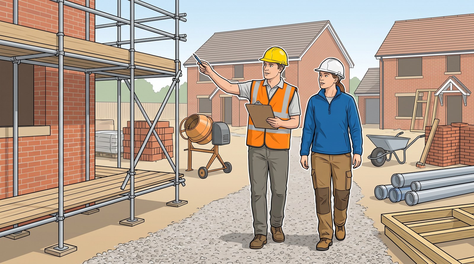 A health and safety inspector with a clipboard walks round a housing site with the site manager, pointing at the scaffolding