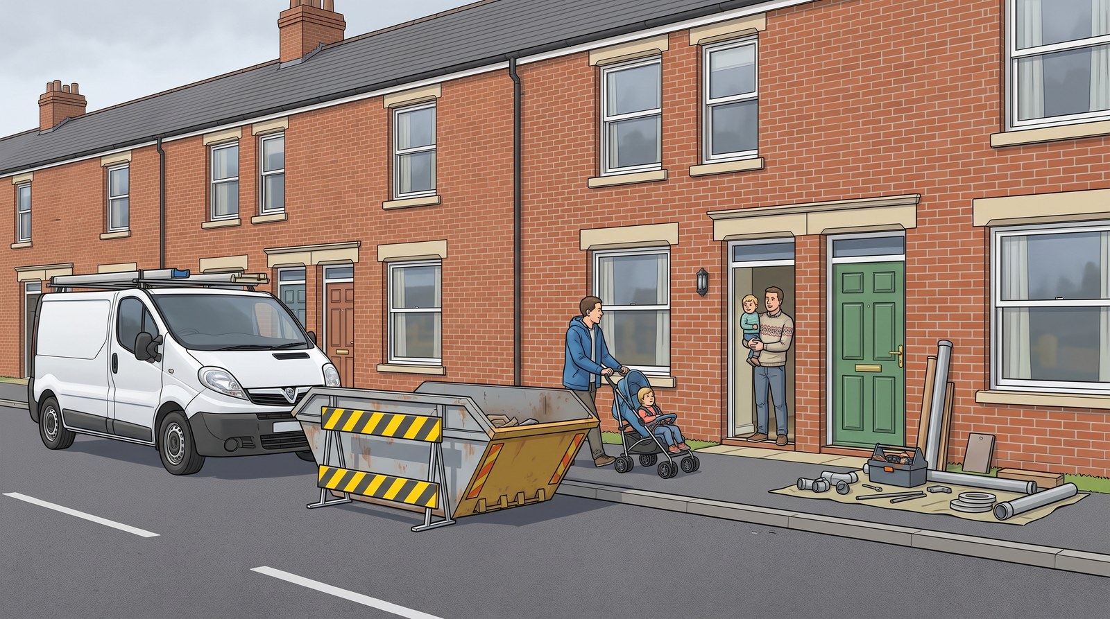 A plumbing job outside a terraced house: a van, a skip with a barrier round it, a parent passing with a pushchair and the homeowner holding a toddler at the door