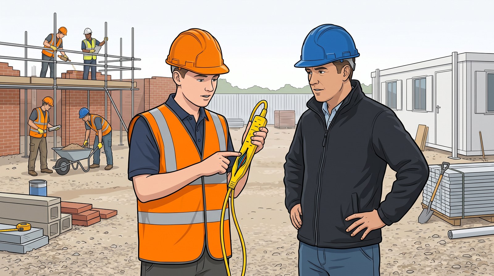 On a building site, an apprentice in hi-vis shows a supervisor an extension lead with its outer sheath split