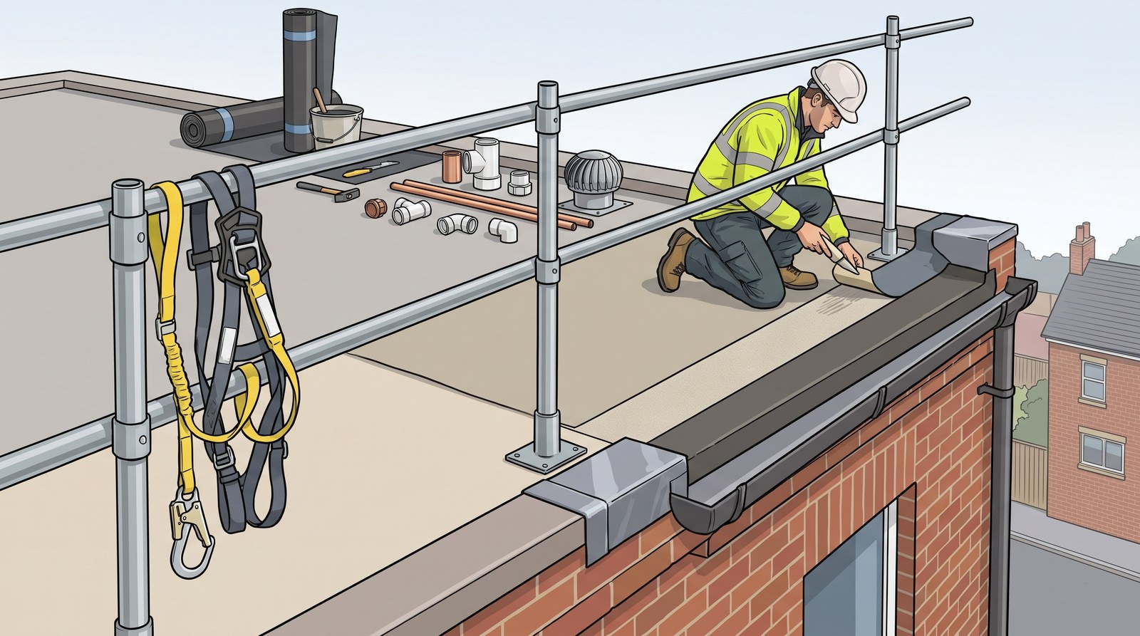 A worker kneels near the unprotected edge of a flat roof while his safety harness and lanyard hang unused on a rail behind him