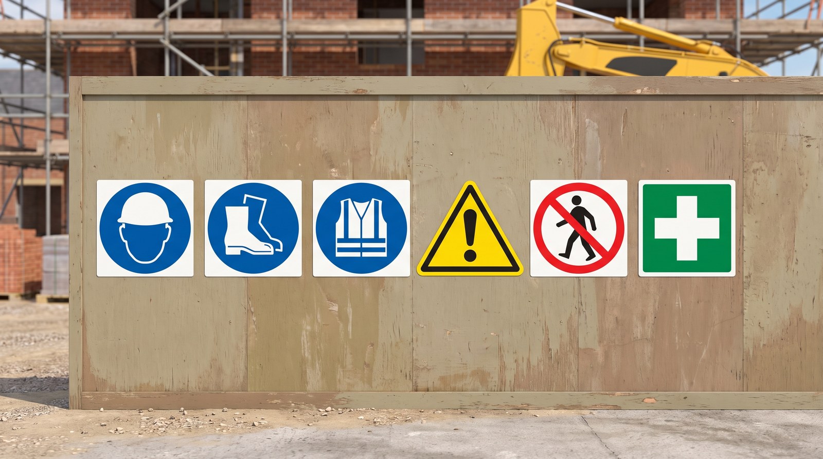 Safety signs on site hoarding: blue mandatory circles for a hard hat, boots and hi-vis, a yellow warning triangle, a red no-entry sign and a green first aid sign