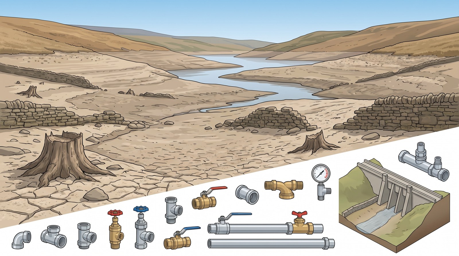 A reservoir in drought, its water far below normal, leaving banks of cracked mud with old walls and tree stumps showing