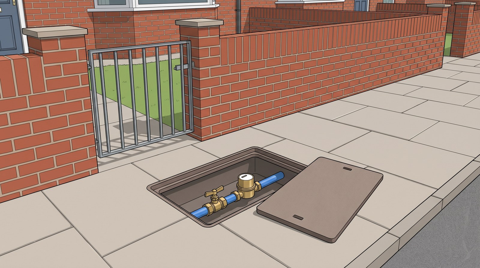 An open meter chamber set in the footpath outside a house, its plain cover lifted beside it, showing the blue water pipe with the meter and the external stop valve inside