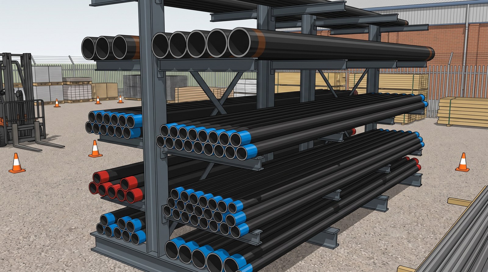 A rack of black steel tube in a merchants yard, seen from the ends, each length with a coloured grade band: mostly blue, with some red and a few brown
