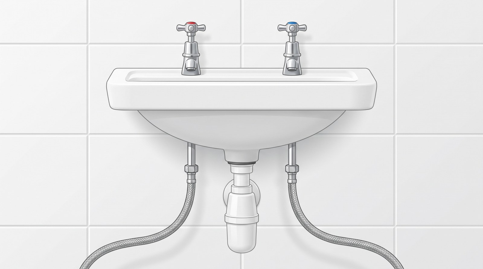 A white wall-hung basin with two chrome pillar taps, a red disc on the hot and blue on the cold, their tails and flexible connectors coming down underneath