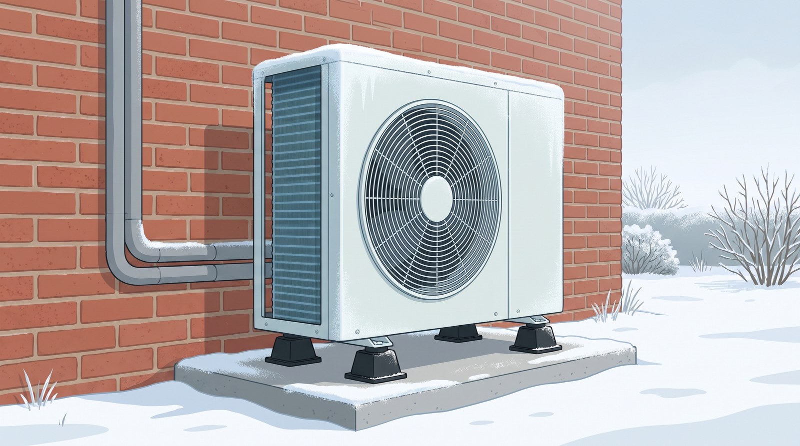 An air source heat pump outdoor unit standing on its feet on a concrete pad against a brick wall, clear of the snow, with frost on its top