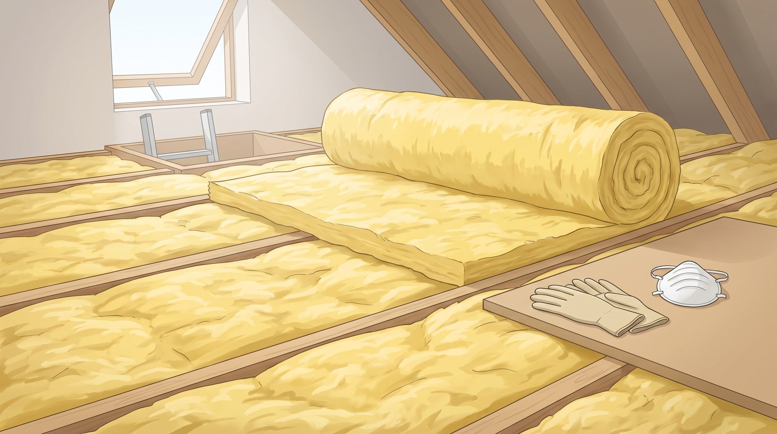 Thick yellow mineral wool insulation laid between and across the loft joists, with a roll partly unrolled and gloves and a dust mask on a board