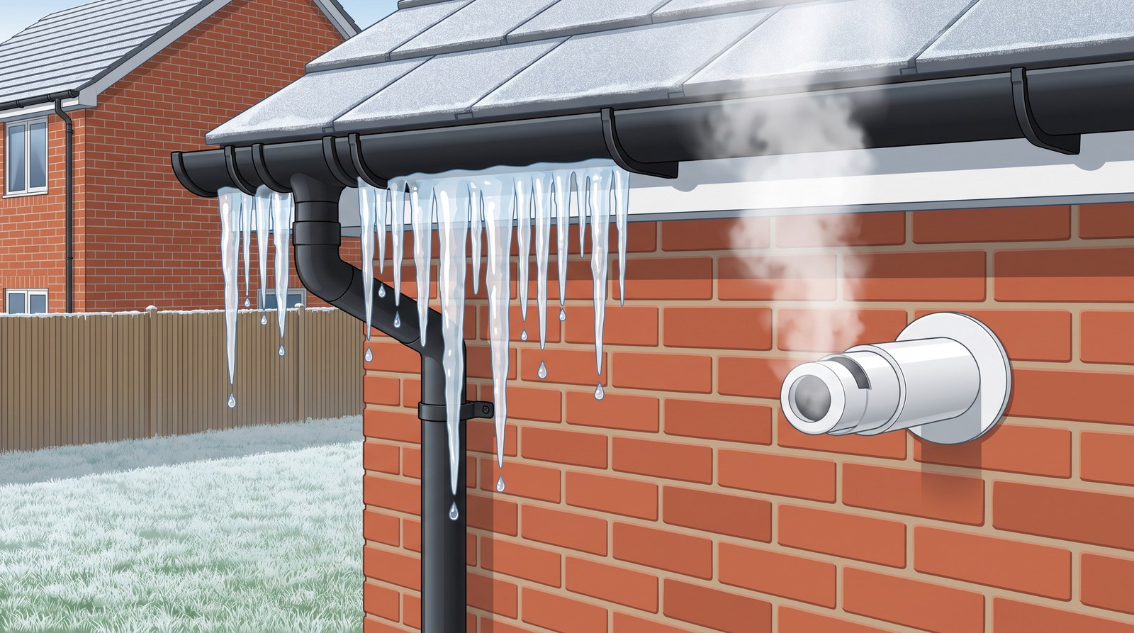 Icicles hanging from the gutter of a brick house on a frosty morning, water dripping from their tips, and a white plume of vapour rising from the boiler flue on the wall