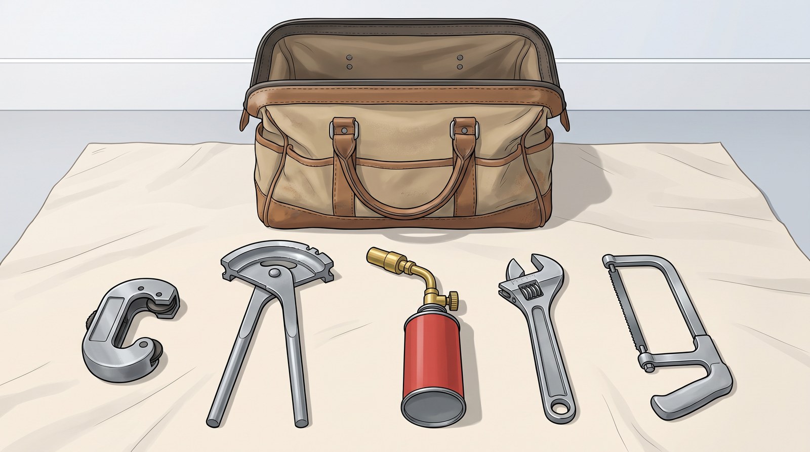 An open plumbing tool bag on a dust sheet, with five copper tools laid out in front of it: a pipe slice, a scissor pipe bender, a blowtorch on a gas cartridge, an adjustable spanner and a junior hacksaw