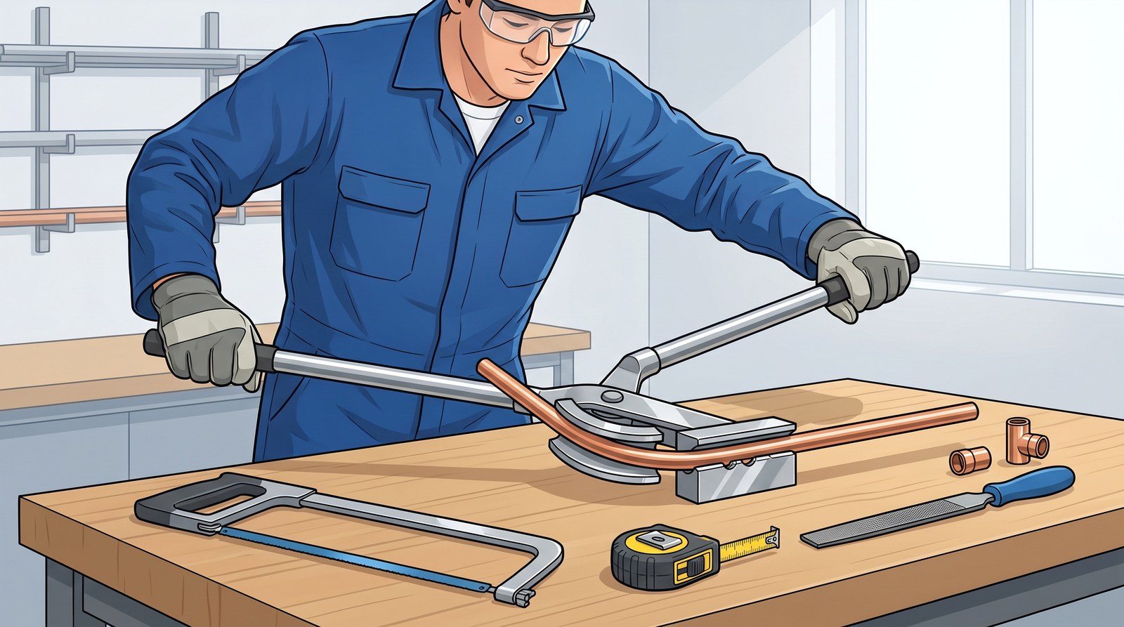 An apprentice in overalls, gloves and safety glasses bends a length of copper pipe round the former of a scissor bender, holding the far ends of the handles, with clean tools laid out on the bench