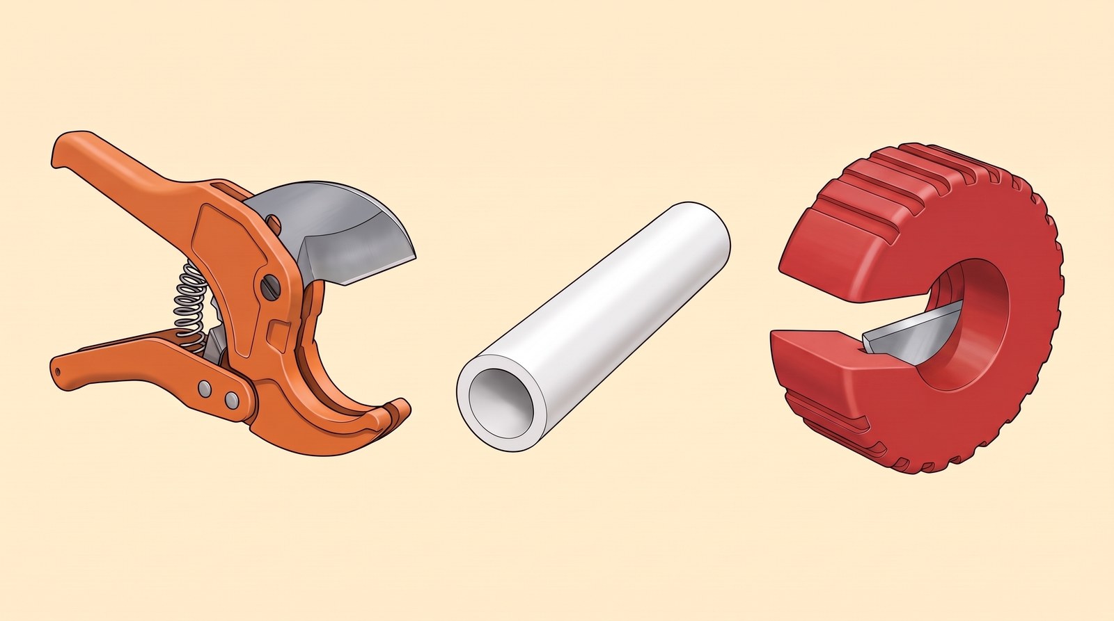 Plastic pipe cutters with a spring between the handles, a short length of white plastic pipe, and a red C-shaped plastic pipe slice with its blade inside the opening