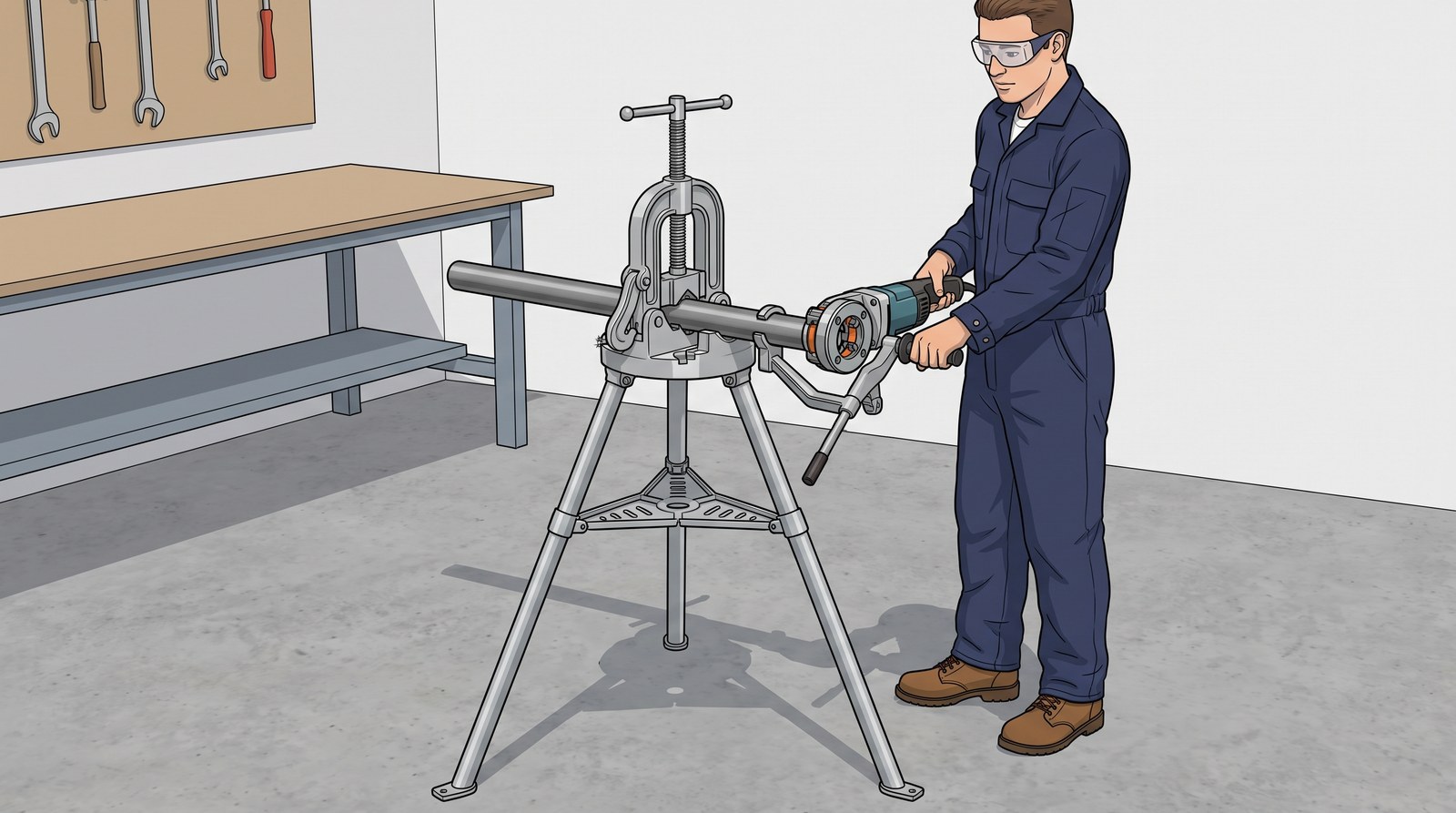 A worker in safety glasses and overalls threads a steel pipe held in a tripod pipe vice, using a hand-held electric threading machine on the pipe end